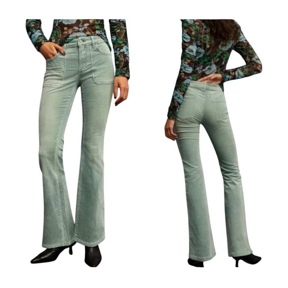 Anthropologie Pilcro 30 The Icon Mid-Rise Corduroy Chop Pocket Flare Jeans Green - Picture 1 of 16